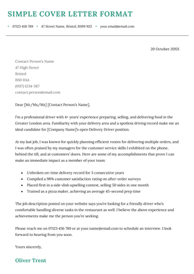 A standard cover letter format, using the CV Genius St Albans template in green, with a line neatly dividing the cover letter header from the content.
