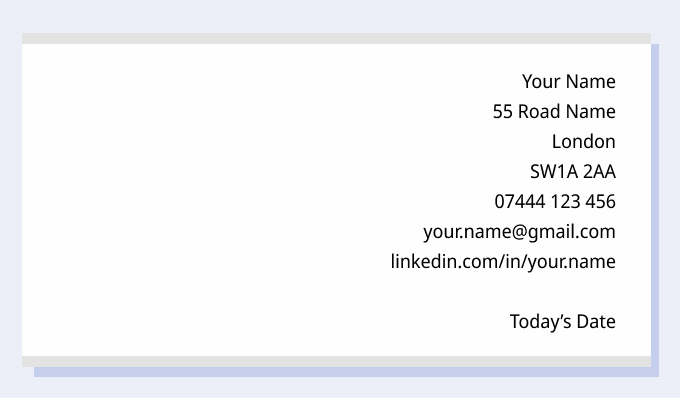 A screenshot of right-aligned contact information to illustrate UK cover letter format rules.
