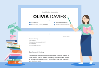 A teacher holding a book stands next to a large cover letter header, using a pointer to explain what information to include. Next to the cover letter header is a potted plant atop a stack of books.