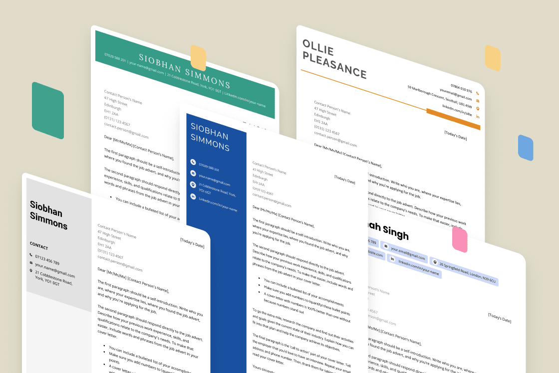 An image showing five cover letter templates in various colours and styles.