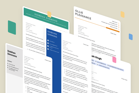 An image showing five cover letter templates in various colours and s.