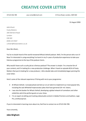 A creative cover letter example written by an experienced candidate seeking a podcast production role, employing a mint colour scheme.