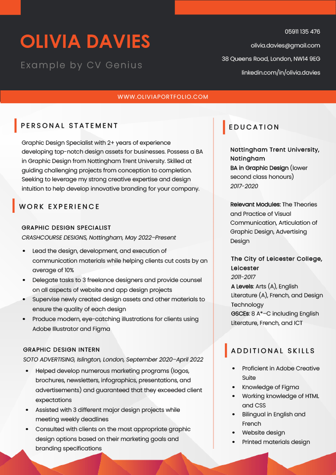 A creative CV design example with orange and gray geometric shapes in the footer and background