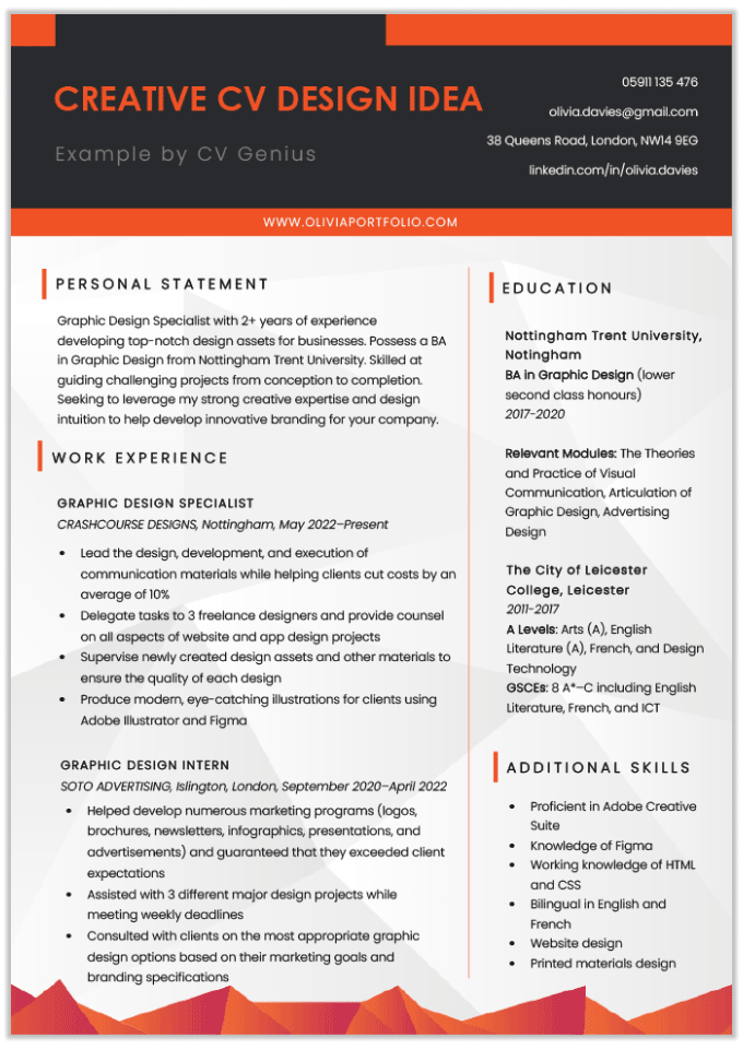 A creative CV idea with bold orange highlights at the top and bottom.
