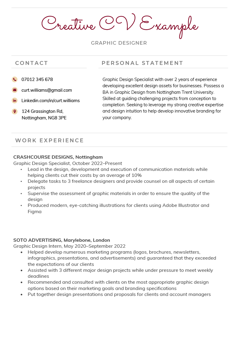 A creative CV example with a pink handwritten-style font used for the CV title.