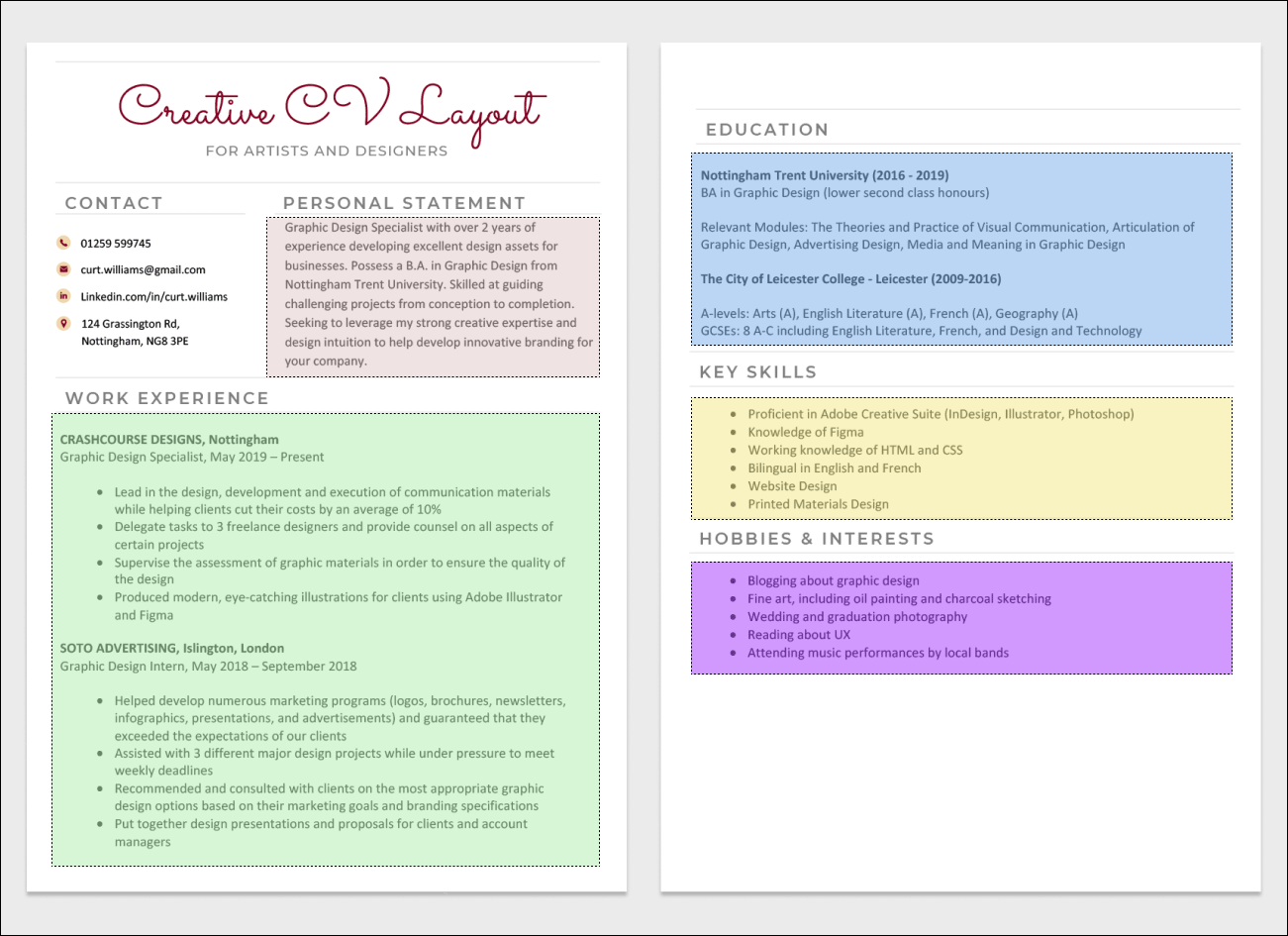 An example of a two-page CV displayed side-by-side with its CV sections highlighted by colored boxes on a light grey background to illustrate a creative CV layout