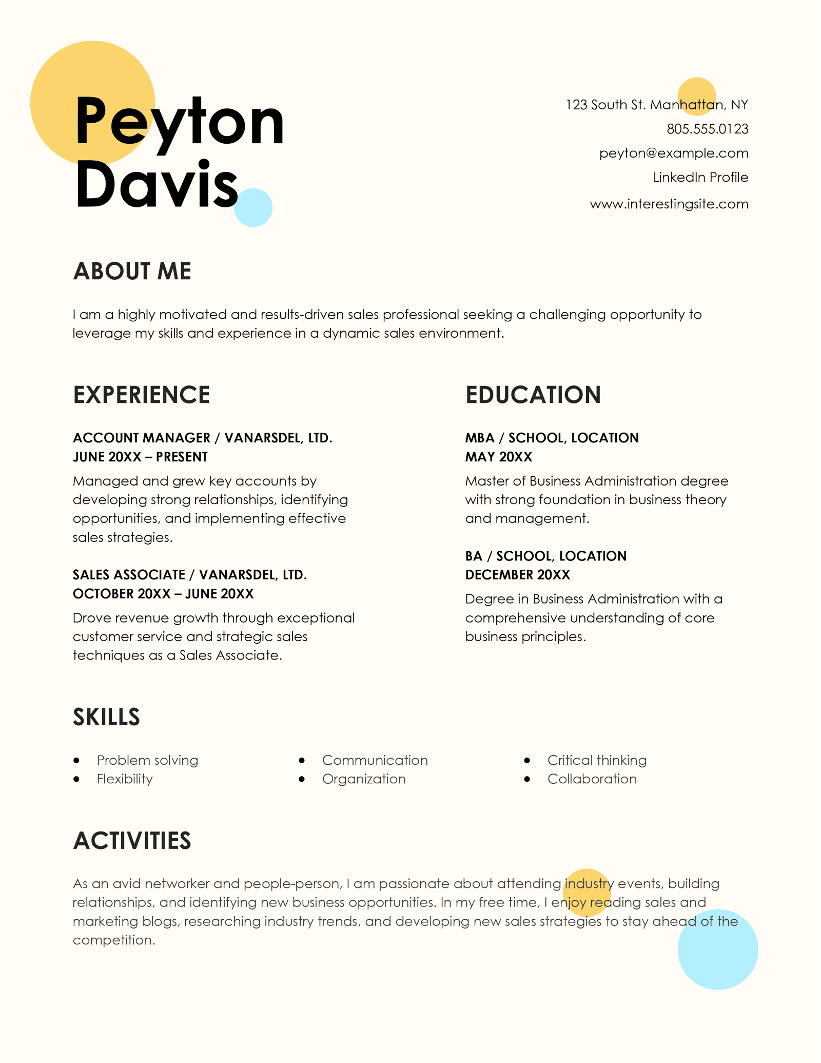 Creative CV template from Microsoft Word featuring yellow and blue spherical designs and a unique layout using both single and double columns.