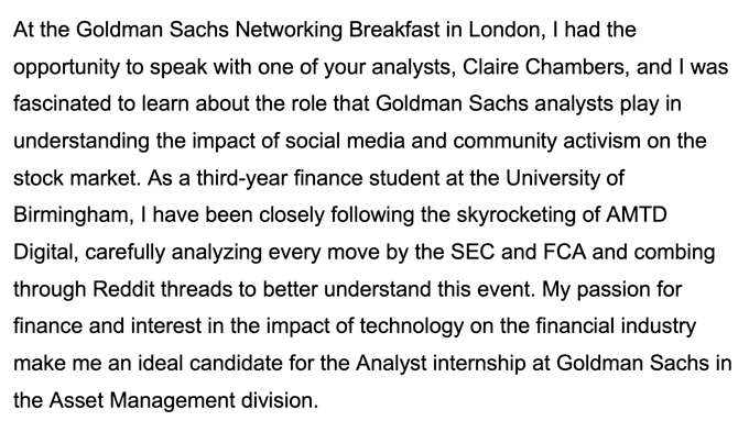 Example of an engaging Goldman Sachs cover letter introduction for a financial analyst internship in the Asset Management division