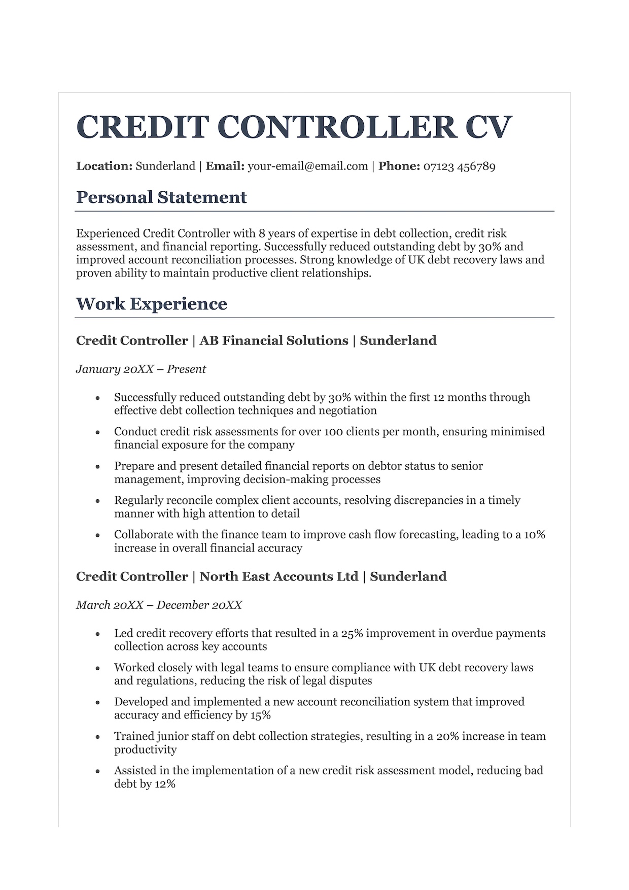 The first page of a credit controller CV example.