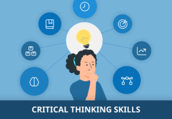 A woman with a lightbulb shining above her head to show she's thinking deeply about nine different critical thinking skills