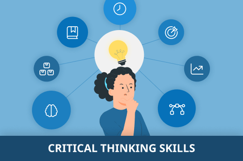 A woman with a lightbulb shining above her head to show she's thinking deeply about nine different critical thinking skills