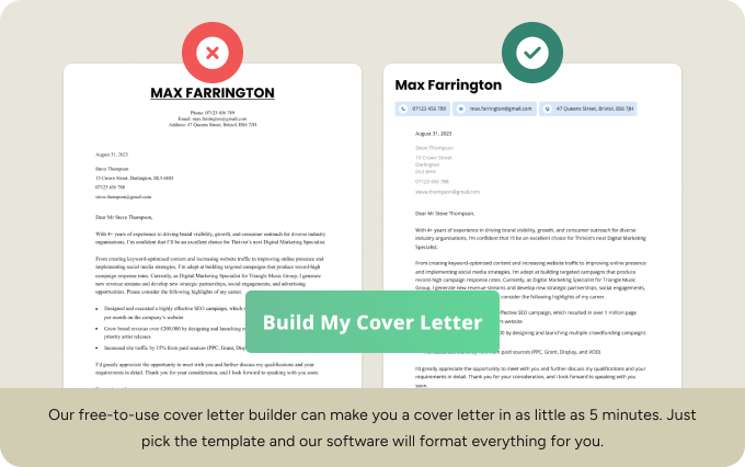 A CTA to enter the CV Genius's cover letter builder, with a bad cover letter on the left and a good-looking cover letter on the right.