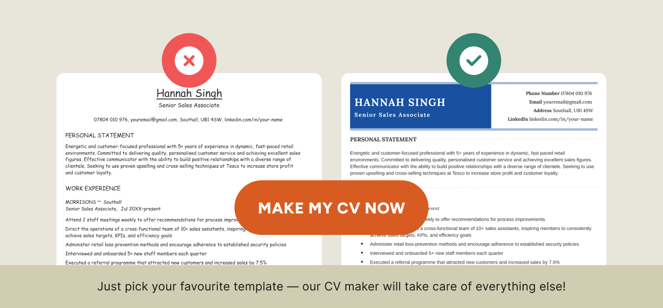 A CTA highlighting the benefits of the CVGenius CV maker. On the left is an example of a poorly made CV with plain formatting. On the right is an example of a much more interesting CV made using the CV builder, featuring a unique format and blue highlights. Below is an explanation of how quickly the CV maker can create a resume.