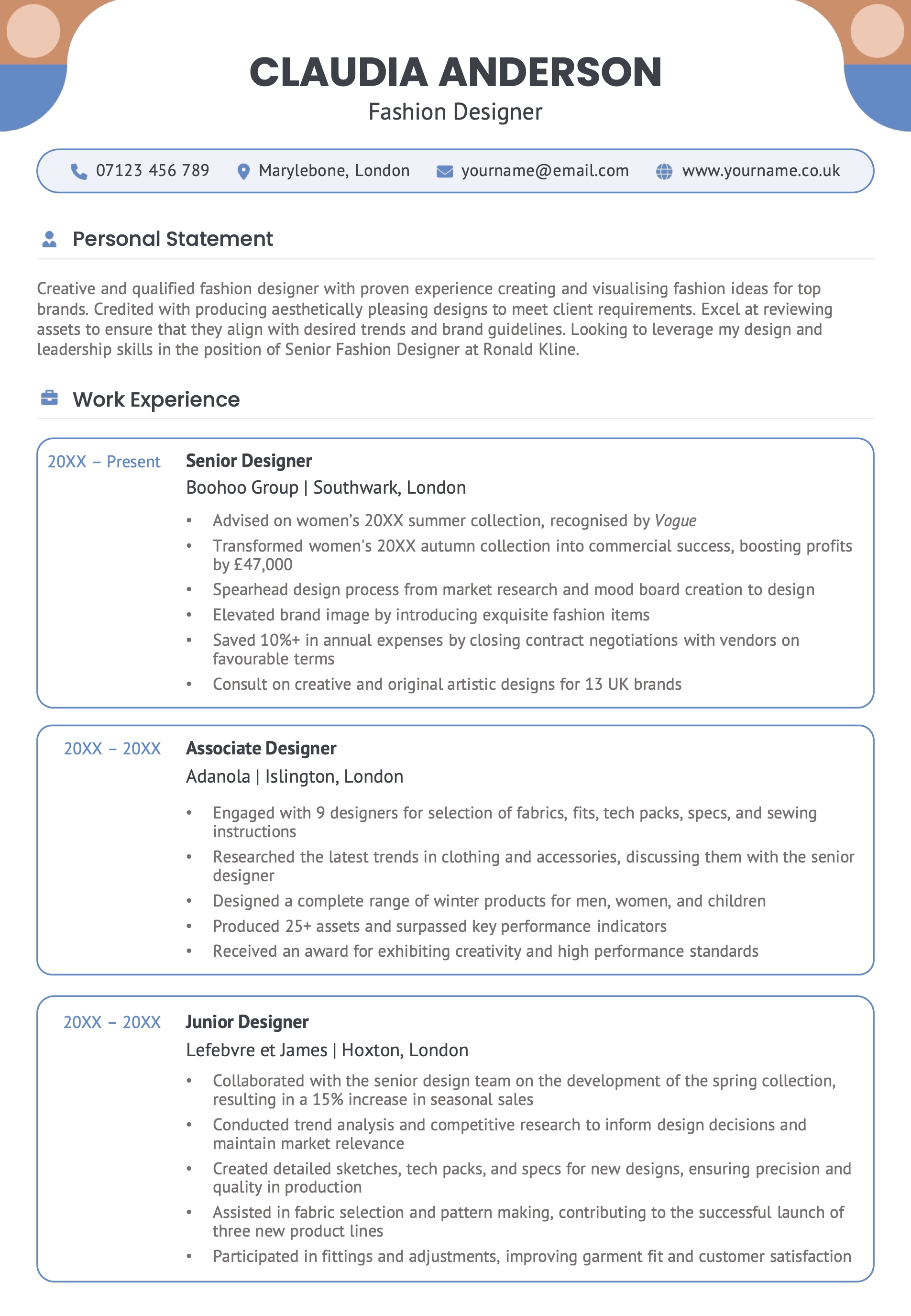 The first page of the Cumberland free PowerPoint CV template in blue.