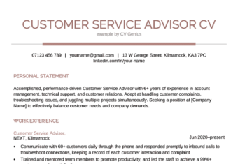 The first page of a customer service advisor CV example with a maroon centred header to highlight the applicant's name, followed by maroon headers to make the candidate's personal statement and work experience section stand out