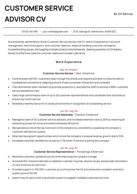 The first page of a customer service advisor CV example with a maroon centred header to highlight the applicant's name, followed by maroon headers to make the candidate's personal statement and work experience section stand out