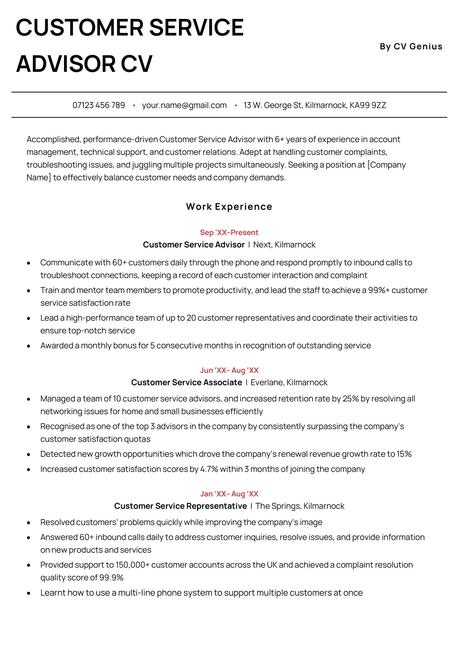 A customer service advisor CV example that uses red highlights to help it stand out.