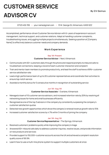 The first page of a customer service advisor CV example with a maroon centred header to highlight the applicant's name, followed by maroon headers to make the candidate's personal statement and work experience section stand out