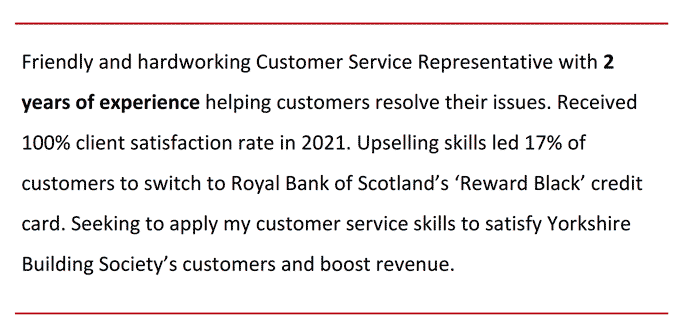A customer service CV personal statement example with red lines above and below it