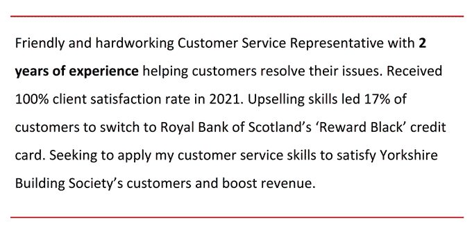 A customer service CV personal statement example with the applicant's years of experience bolded and thin red lines above and below the paragraph.