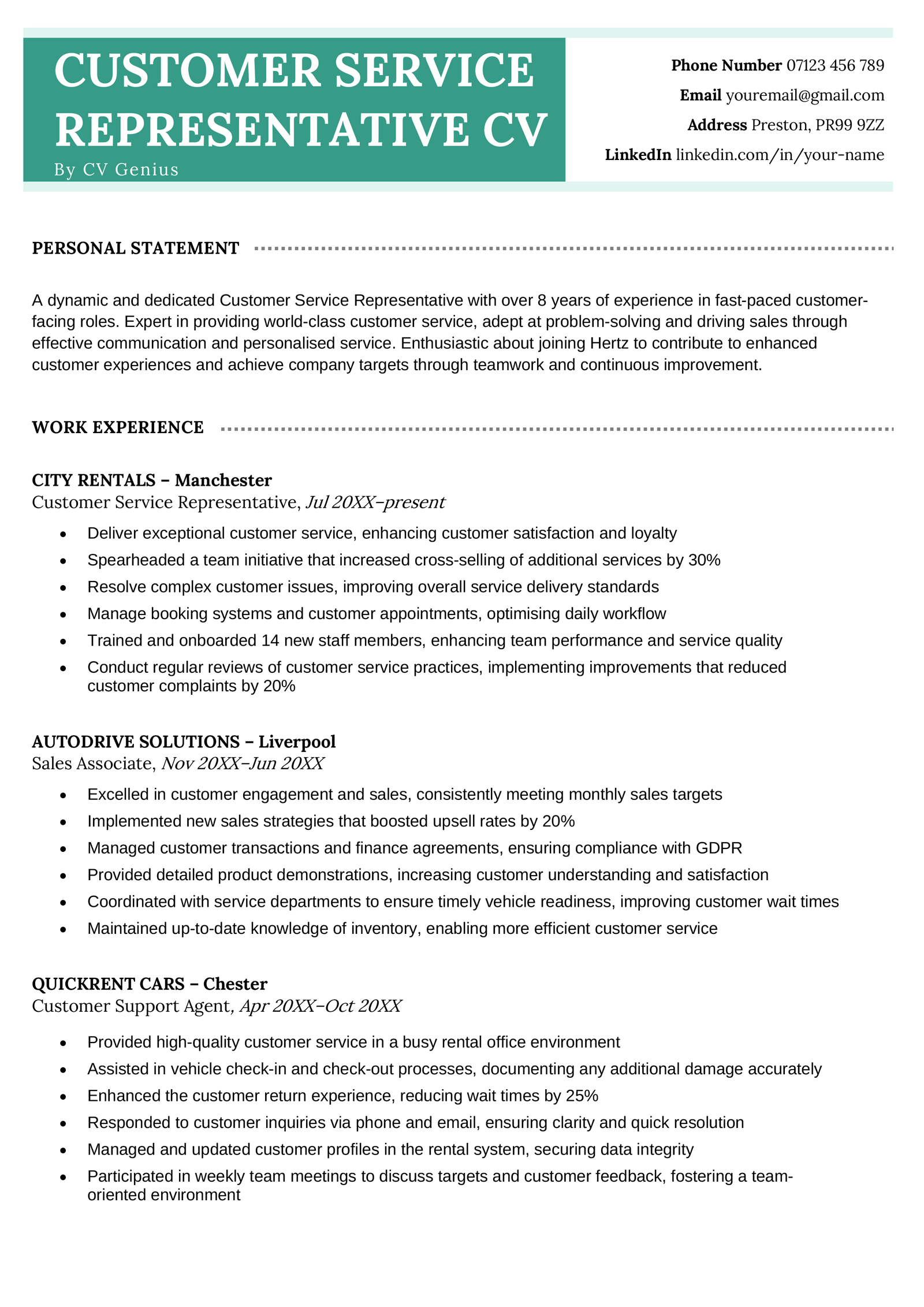 A customer service representative CV example for someone with experience in the car rentals sector that uses a green colour scheme.