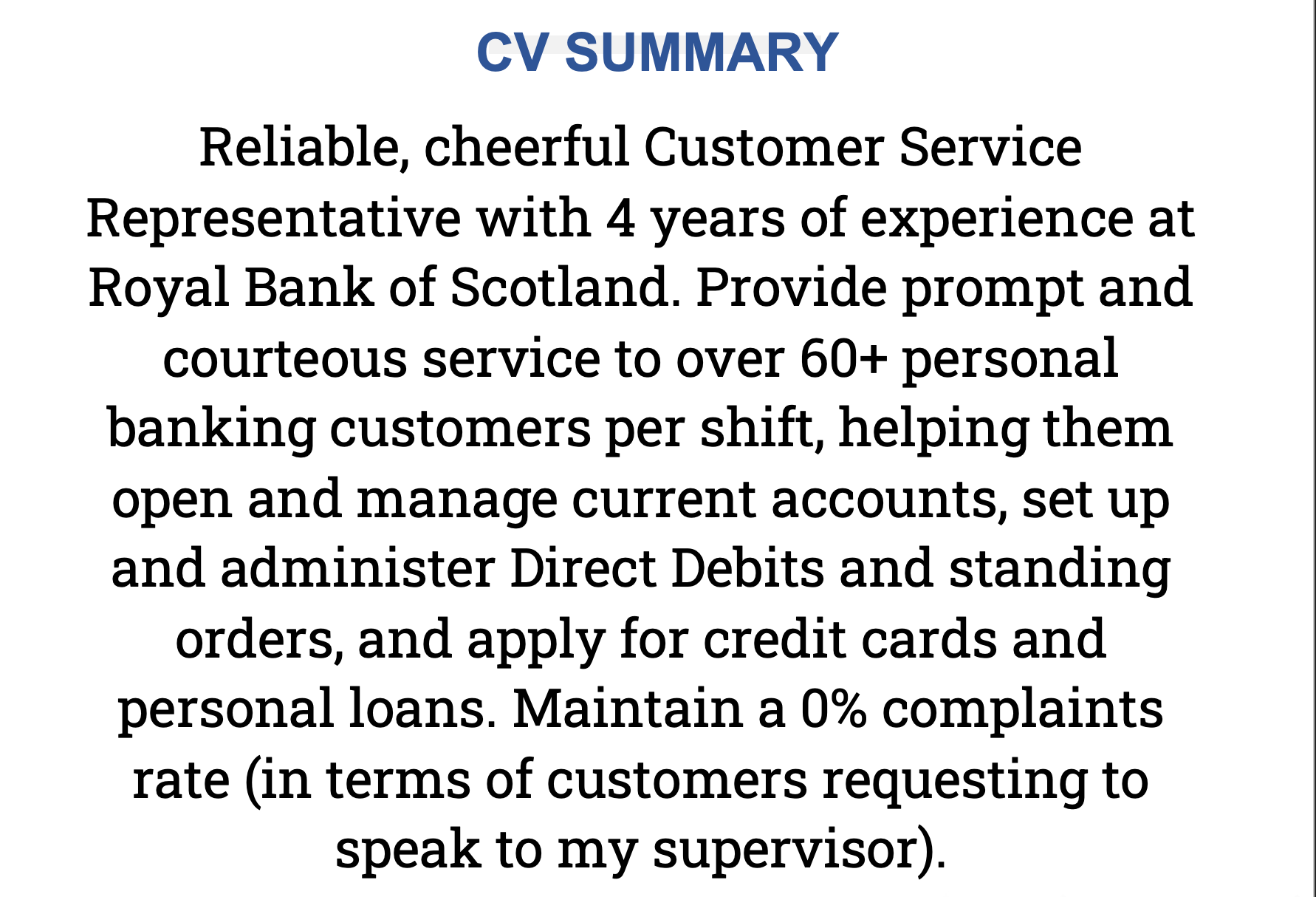 A CV summary for a customer service representative