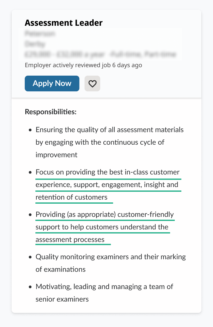 A job description with some of its responsibilities highlighted to show that the employer is likely looking for someone with customer service skills.