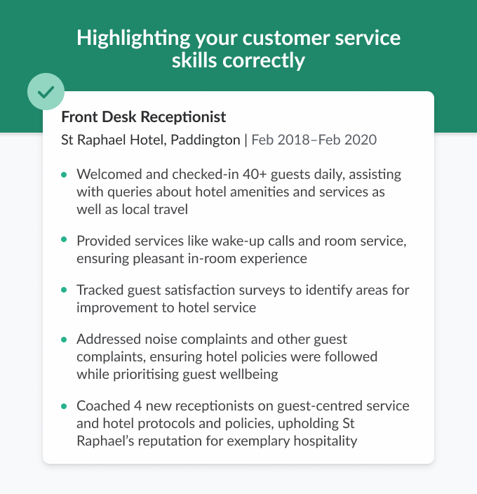 A work experience entry for a hotel receptionist that describes the applicant’s previous responsibilities in detail and highlights their customer service skills to the employer.