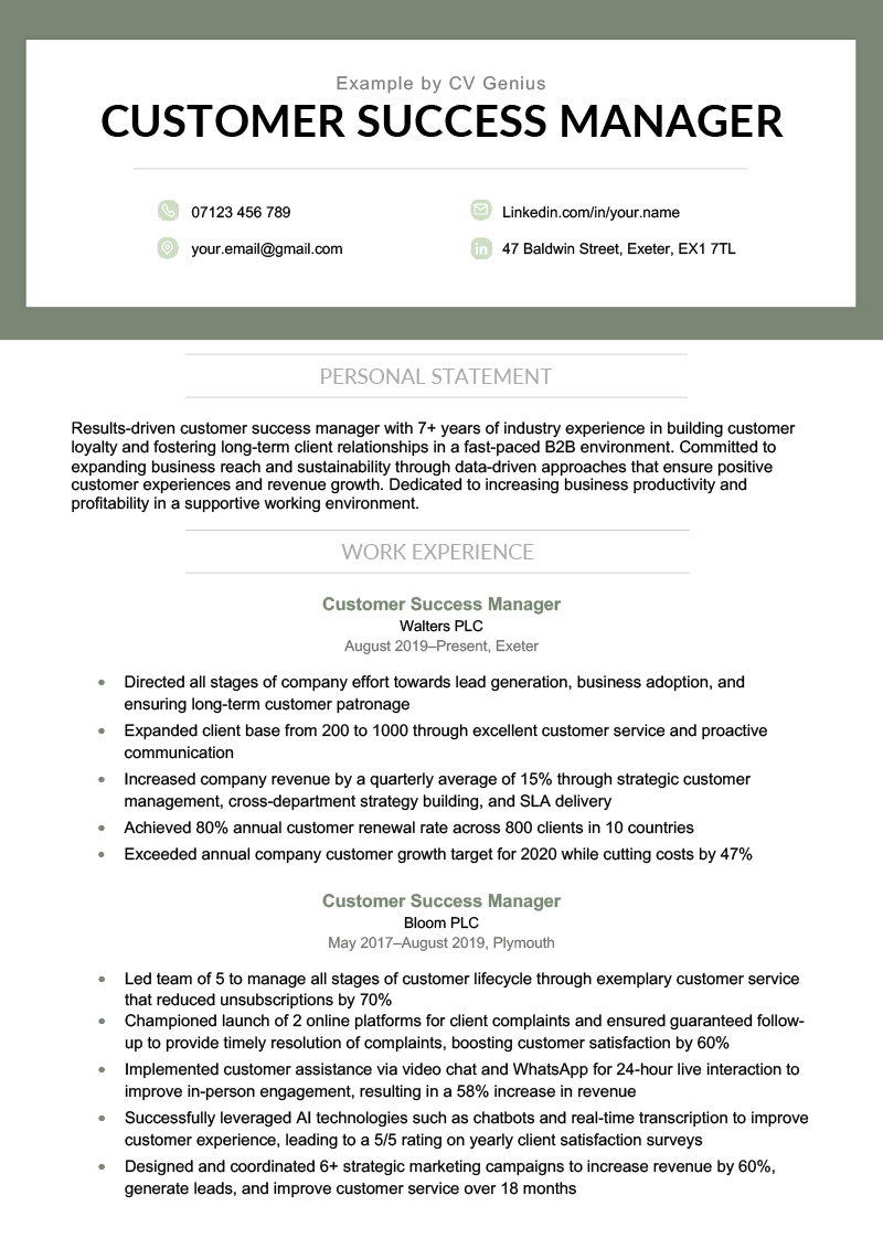 A green customer success manager CV with the applicant's contact information, personal statement, work experience, education, skills, and hobbies and interests