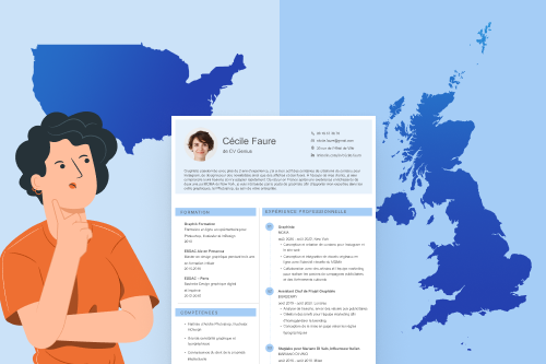 exemple d'un CV en anglais sur un fond de deux cartes géographique des États-Unis et du Royaume-Uni avec une femme placée sur la gauche du CV