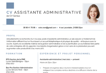 exemple d'un CV d'assistante administratif avec une photo et un en-tête bleu gris