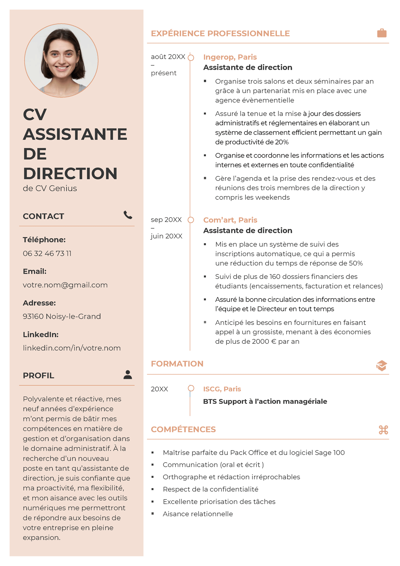un exemple d'un CV assistante de direction avec photo et deux colonnes dont l'en-tête de couleur marron clair