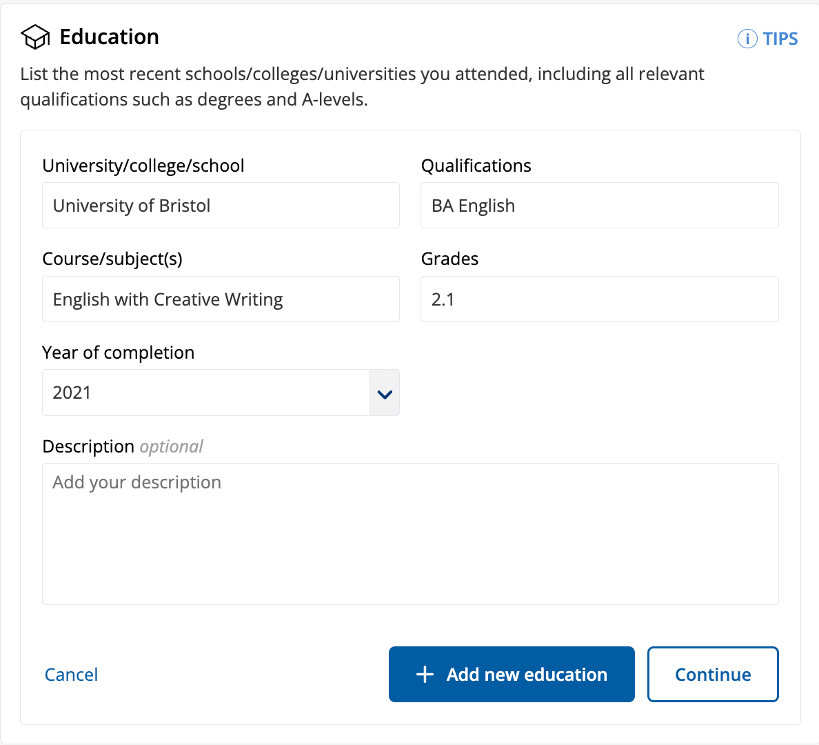 Filling in the education section of a CV using CV Library's builder