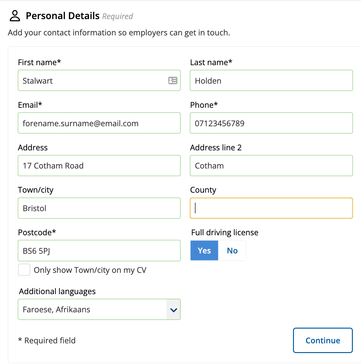 The personal details section of the CV Library builder.