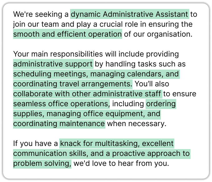 A job advert with CV buzzwords highlighted in light green.