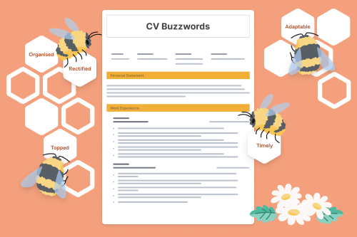 A CV with a few bees on it, some flowers in the bottom-right corner, and a honeycomb in the background to illustrate the CV buzzwords concept.