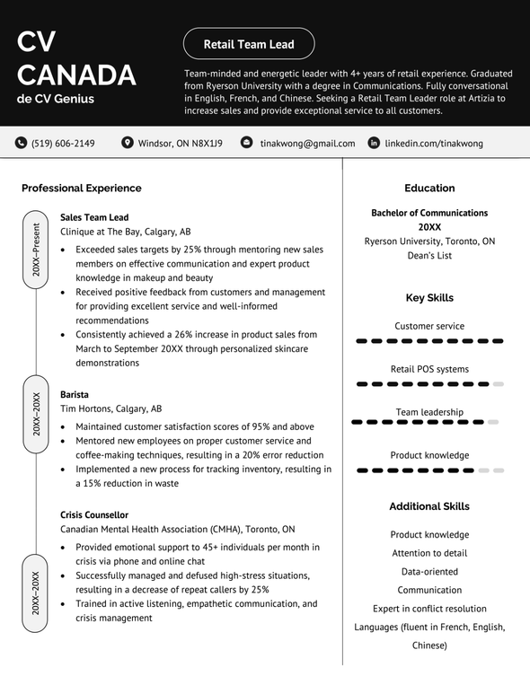 exemple d'un modèle de CV canadien en anglais avec un en-tête large de couleur noire et de police blanche
