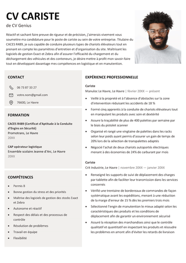 un exemple d'un CV cariste avec photo de deux colonnes dont l'une de couleur gris clair