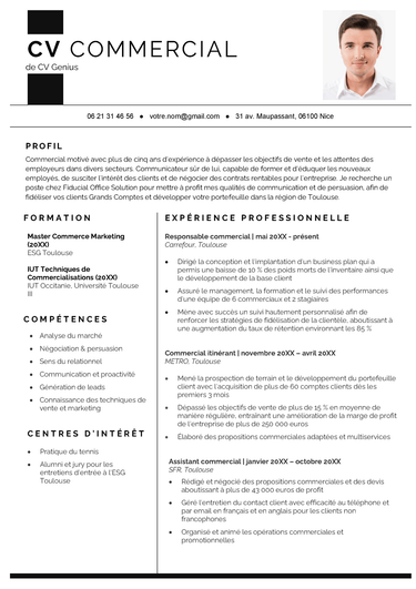exemple d'un modèle de CV commercial de couleur noir et blanc et avec une photo professionnelle
