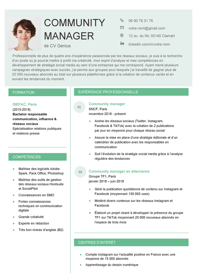 Exemple d'un CV parfait pour un professionnel avec photo et des en-têtes de CV et de rubriques en vert et clairement organisées