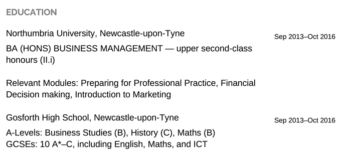 A CV education section with a college degree and relevant modules, and a high school diploma