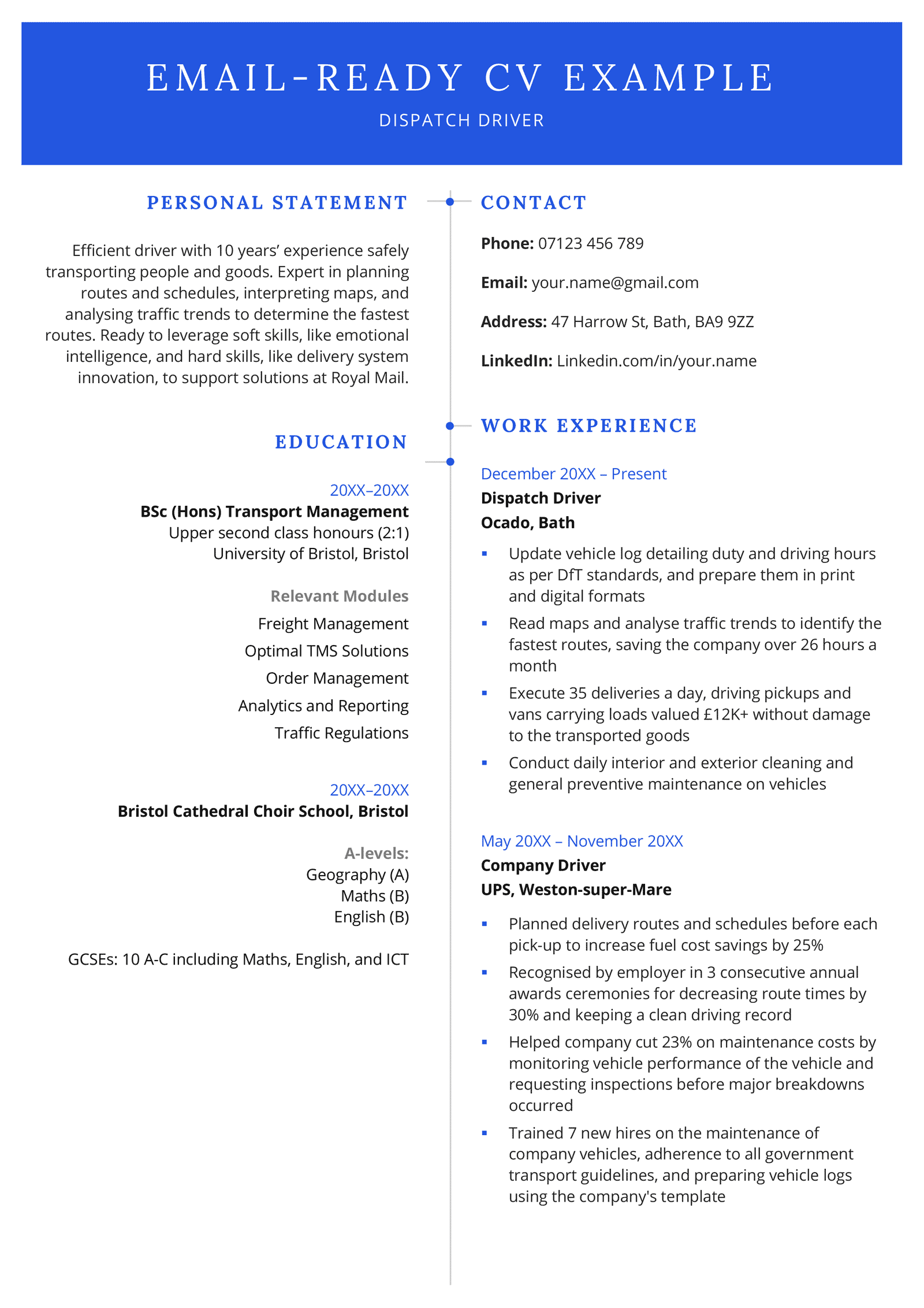 An example of a CV ready to be sent by email to an employer that uses a blue colour scheme and a two-column design.