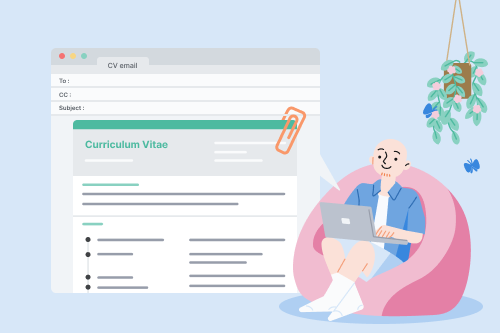 A contented person sits on an armchair writing an email to send their CV with.