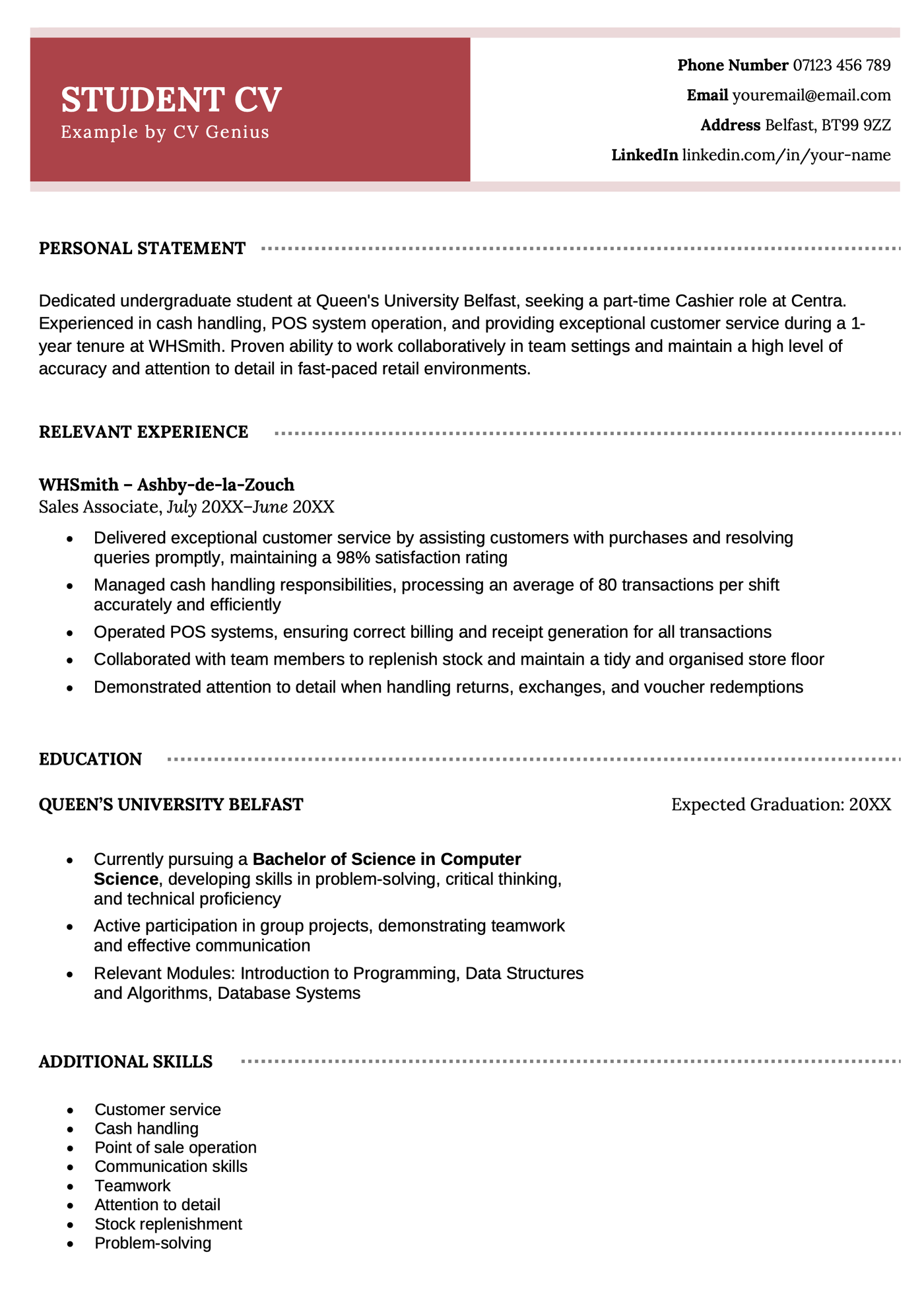 A CV example for students, with a personal statement, relevant experience, education, and key skills.
