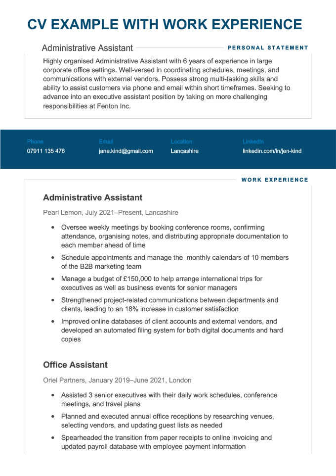 The first page of a CV example with work experience using a blue accented CV template