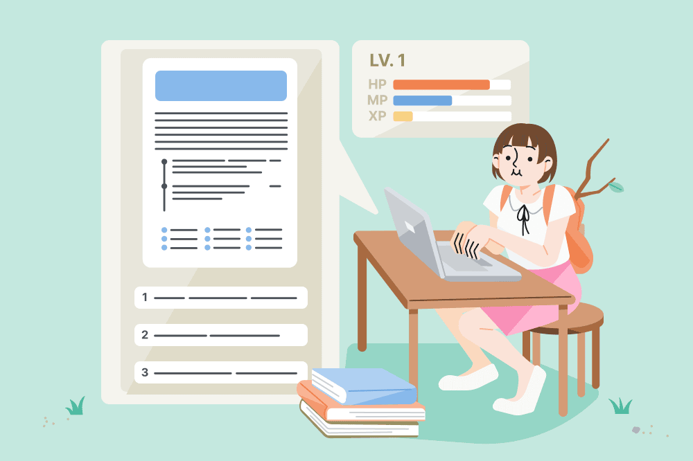 Illustration showing a student working on their CV on their laptop in a gamified way so you can see their HP, MP, and XP points in a bar at the top.
