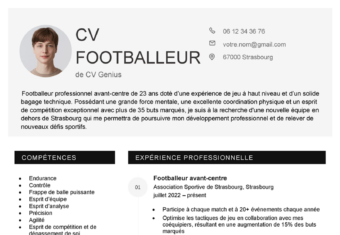 un exemple d'un modèle de CV footballeur avec un en-tête noir et une photo