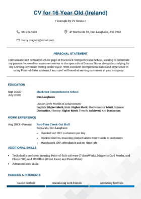 A CV example for a 16 year old in Ireland that features a blue colour scheme and a one-page format.