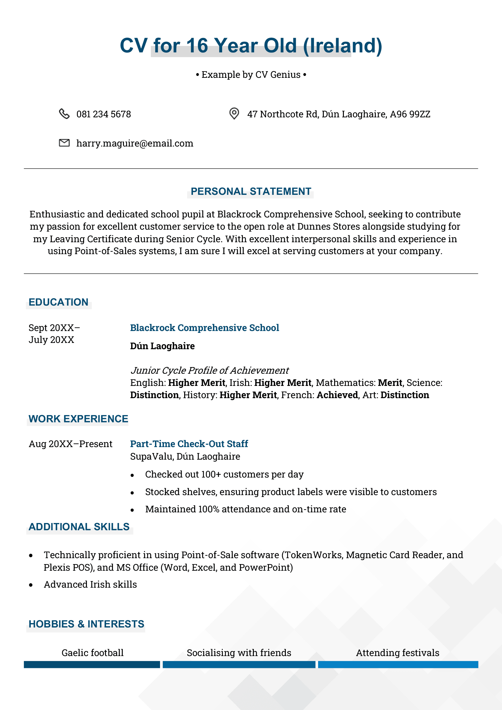 A CV example for a 16 year old in Ireland that features a blue colour scheme and a one-page format.