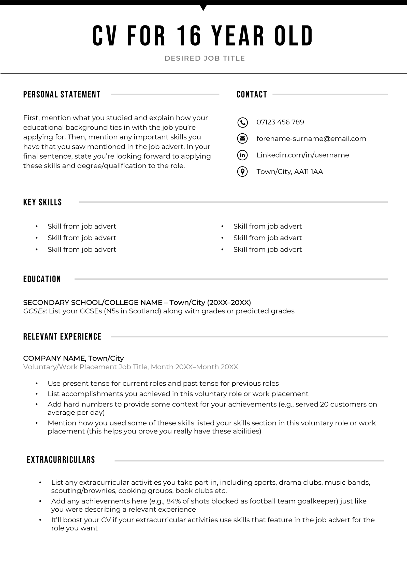 A CV template for a 16 year old.